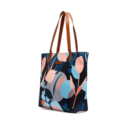 Fashionable black and blue floral print tote bag, a must-have accessory.