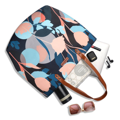 Stylish black and blue floral print tote bag, ideal for everyday use.