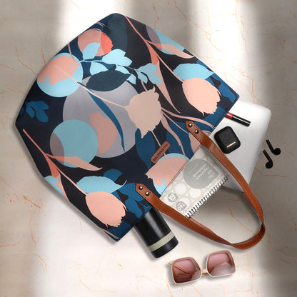 Fashionable black and blue floral print tote bag, a must-have accessory.