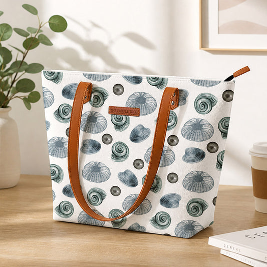 Tote bag with shell pattern on a wooden surface