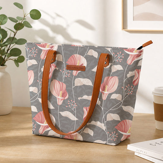 Stylish gray and pink floral tote bag, perfect for carrying essentials in style.