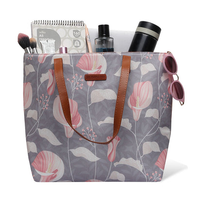 Chic tote bag with gray and pink floral design, ideal for a fashionable look.