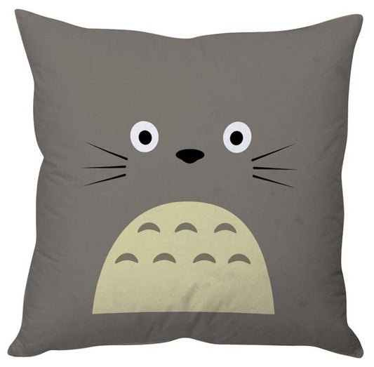 Cute Totoro face design on a soft pillow, ideal for fans of the popular animated character.