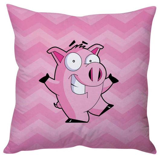  Pink pig resting on chevron pattern pillow.