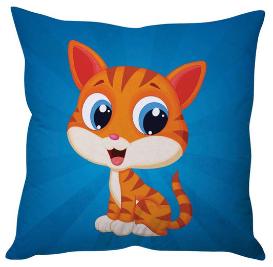 Cute cat resting on soft blue pillow, eyes closed.