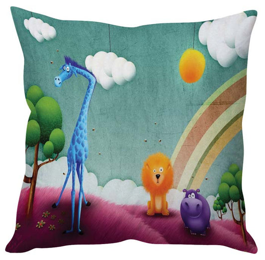 A decorative pillow featuring a giraffe, lion, and elephant.