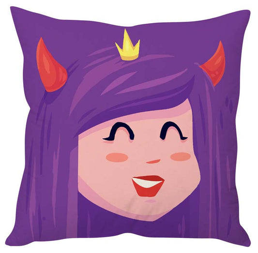 Adorable purple pillow with cartoon horns.