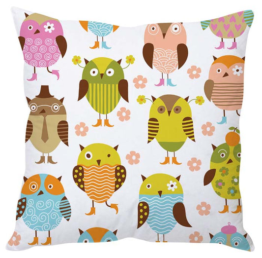 Brightly colored owl pillow featuring intricate details and a whimsical design, ideal for adding a touch of charm.