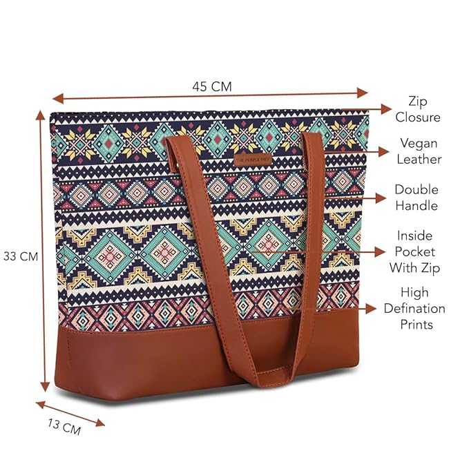 Chic leather tote bag with a vibrant tribal print and a sturdy brown handle, ideal for everyday use.