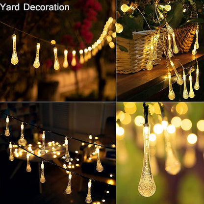 A mesmerizing string of illuminated glass drops, radiating a soft glow, creating an enchanting ambiance.
