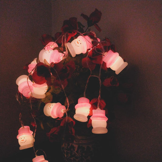 Delicate pink and white Christmas lights arranged in a string, illuminating the surroundings with a warm, festive glow.