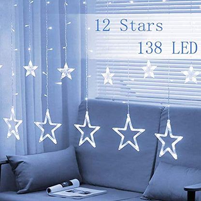 A decorative curtain of 12 stars LED lights, enhancing the ambiance of a home with a warm, inviting glow.