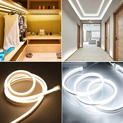 A luminous white LED strip displayed on a black background, creating a striking visual contrast and enhancing its modern appeal.