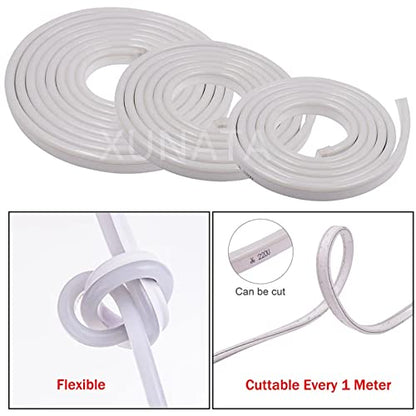 A white LED strip emitting a bright white light, showcasing its sleek and modern design.
