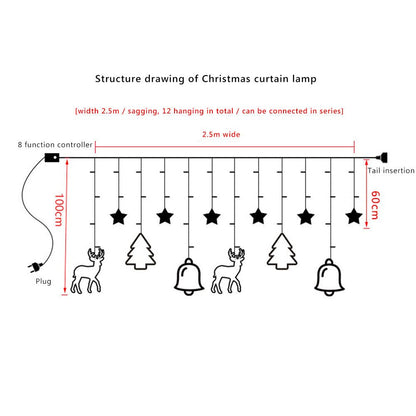 Christmas-themed room with festive decor and twinkling lights.