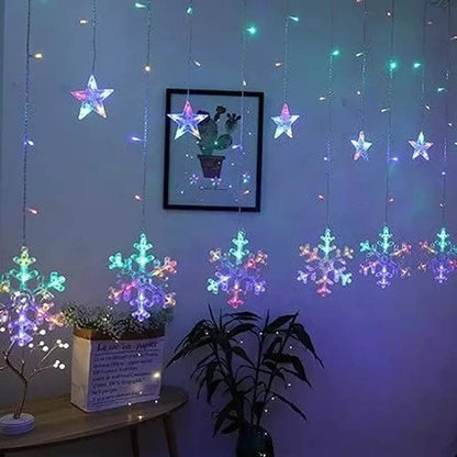 A room with a snowflake-shaped light fixture hanging from the ceiling, illuminating the space.