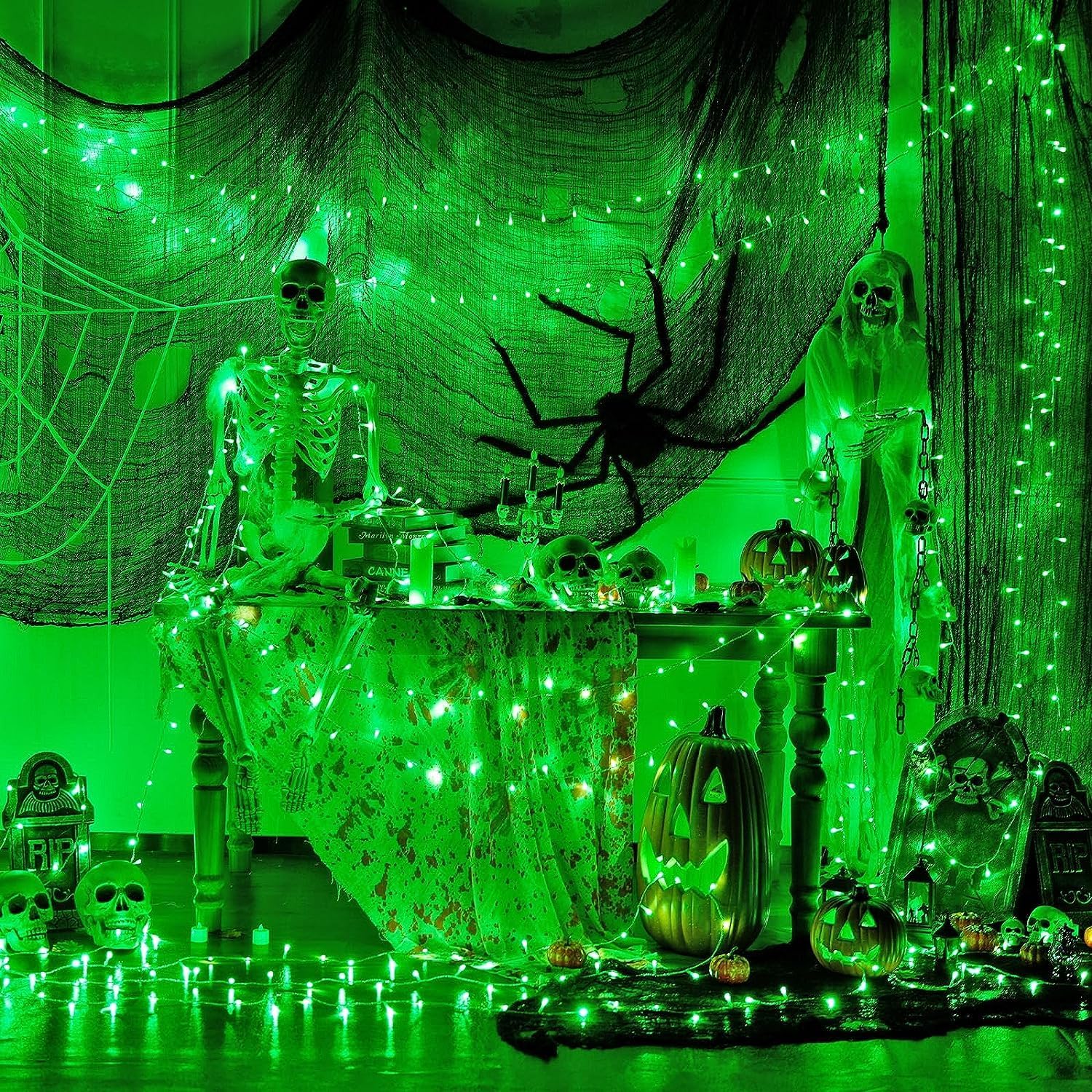 Spooky Halloween scene with glowing green lights and creepy skeletons.