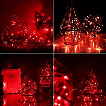 A vibrant display of red string lights intertwined with sparkling white lights, creating a festive atmosphere.
