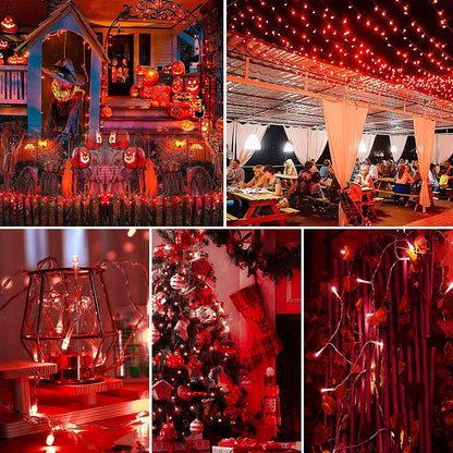  A vibrant arrangement of red lights combined with white lights, illuminating the scene with a cheerful glow.