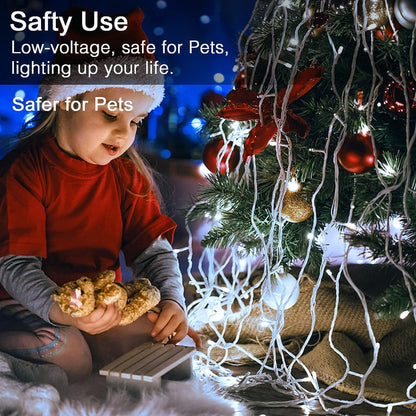 Delicate white curtain with lights, creating a cozy and whimsical atmosphere.