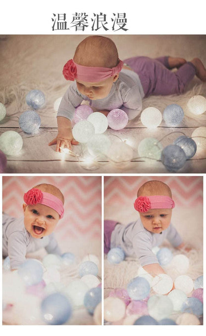 Colorful ball string lights adding a whimsical touch to the wall decor.