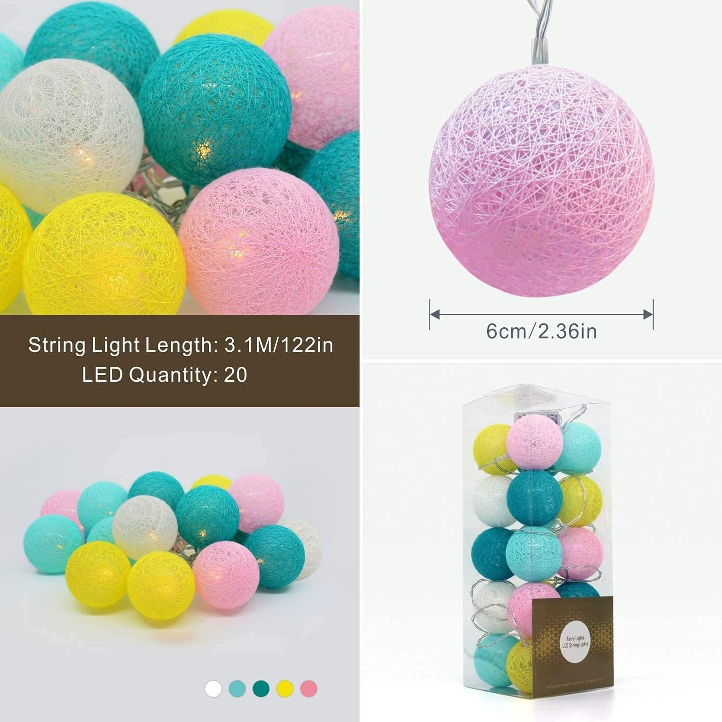 Festive ball string lights hanging on a wall, illuminating the room with a playful glow.