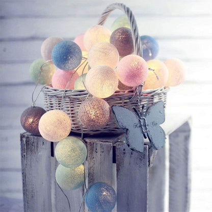 Colorful ball string lights hanging on a wall, creating a vibrant and playful atmosphere.