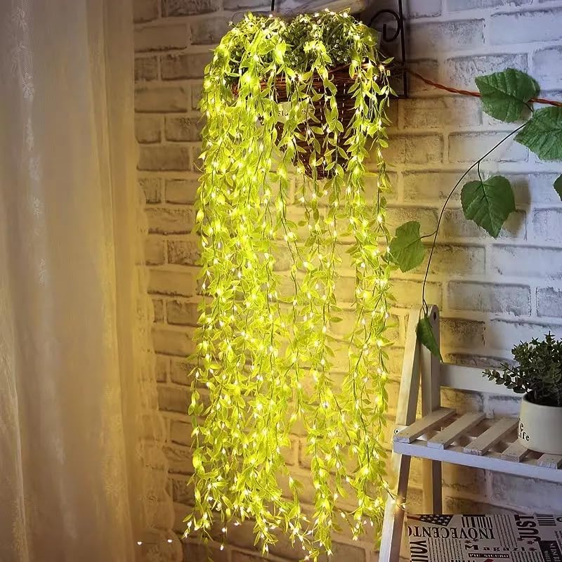 Lush green curtain with delicate lights adding a warm glow.
