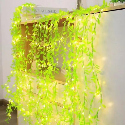 Vibrant green curtain adorned with twinkling lights for a magical touch.