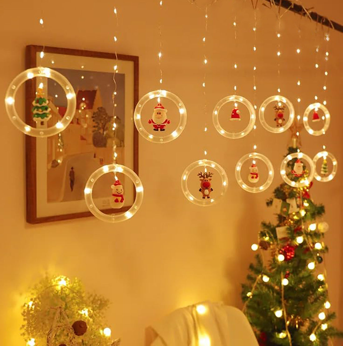 A festive room with Christmas decorations and twinkling lights.