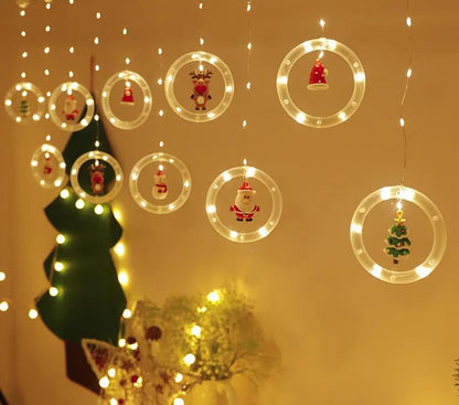 A room adorned with Christmas decor and glowing lights.