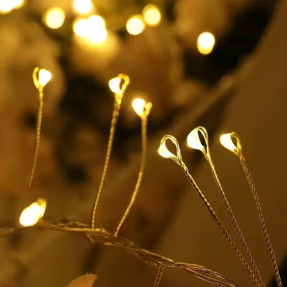  A branch adorned with a cluster of small, twinkling lights, creating a warm and inviting atmosphere.