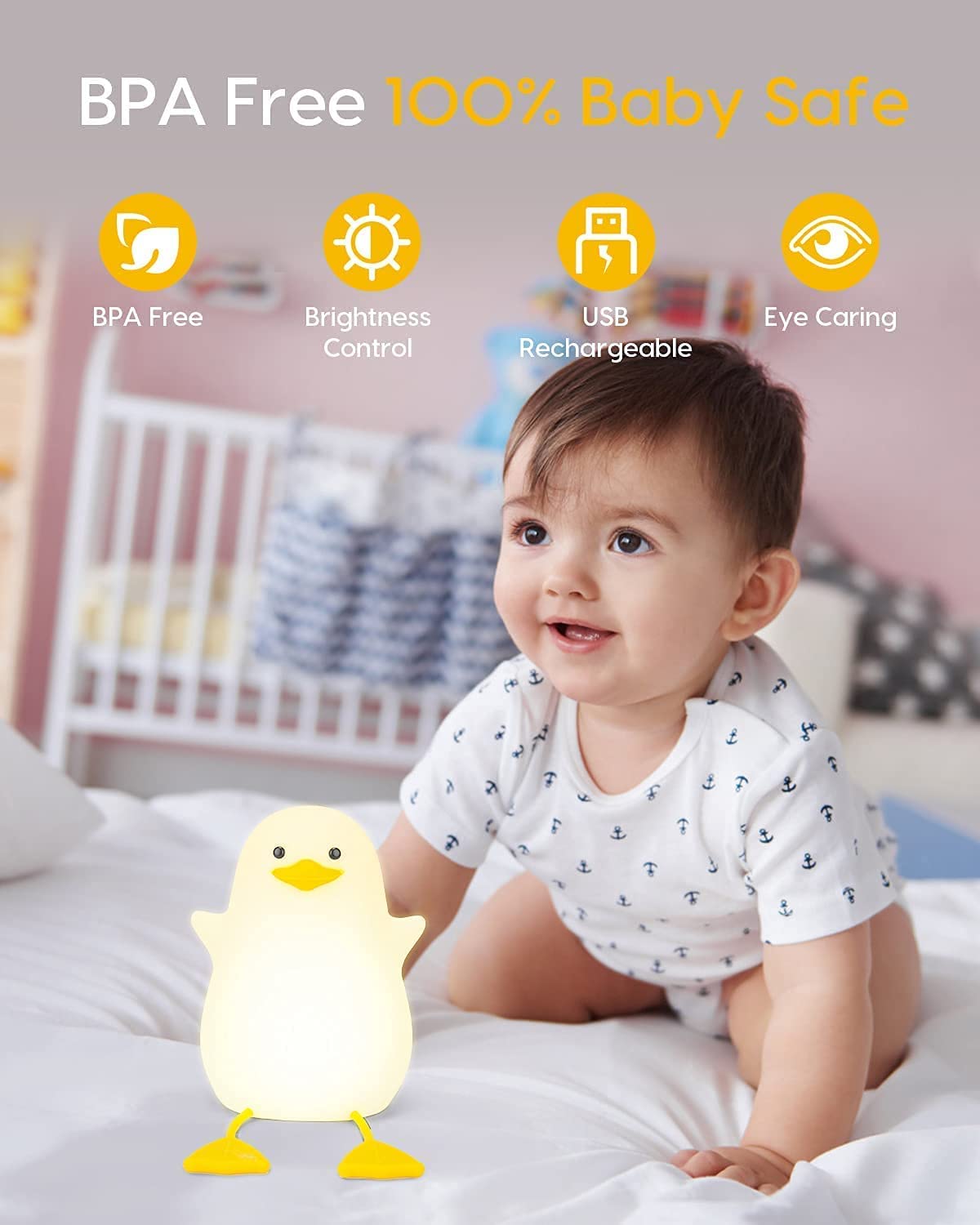 A brightly lit duck sitting atop a bookshelf, creating a playful and inviting atmosphere in the room.