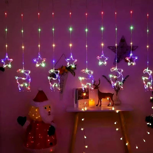 A cozy room adorned with festive Christmas decorations and twinkling lights, creating a warm holiday atmosphere.