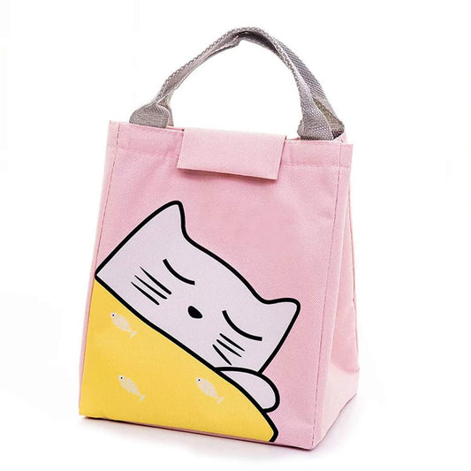 Cute cat print insulated lunch bag in pink for office & daily use
