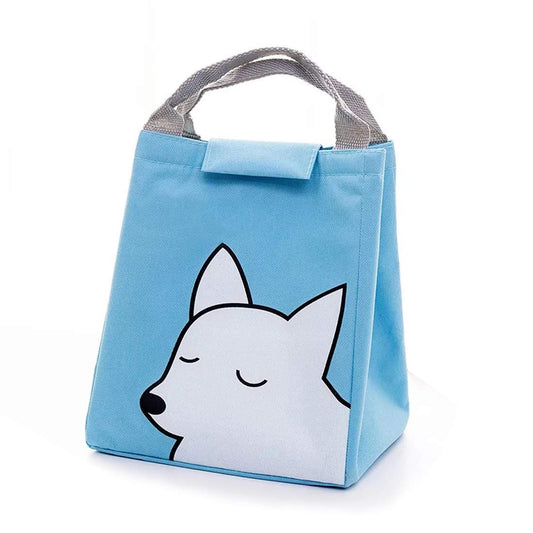 Cute dog face print insulated lunch bag in blue for office & daily use