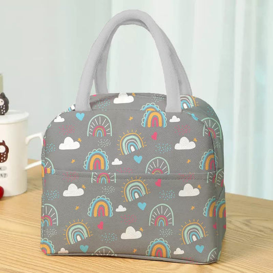 elegant rainbow pattern print in grey heat insulated big lunch bag for daily use