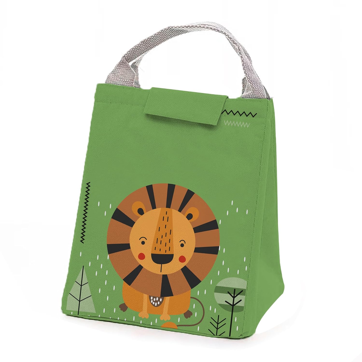A green lunch bag featuring a playful lion design, perfect for kids and outdoor activities.
