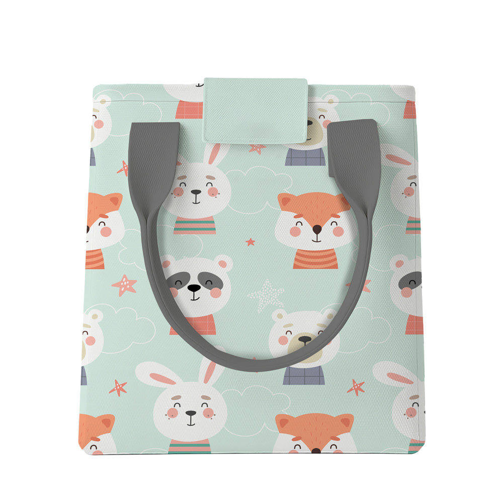 Tote lunch bag with animal pattern on a light green background