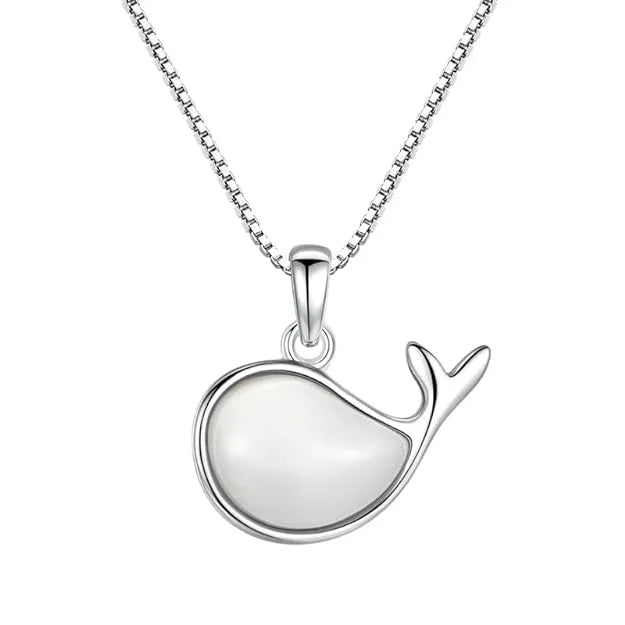 White Opal Silver Whale Necklace