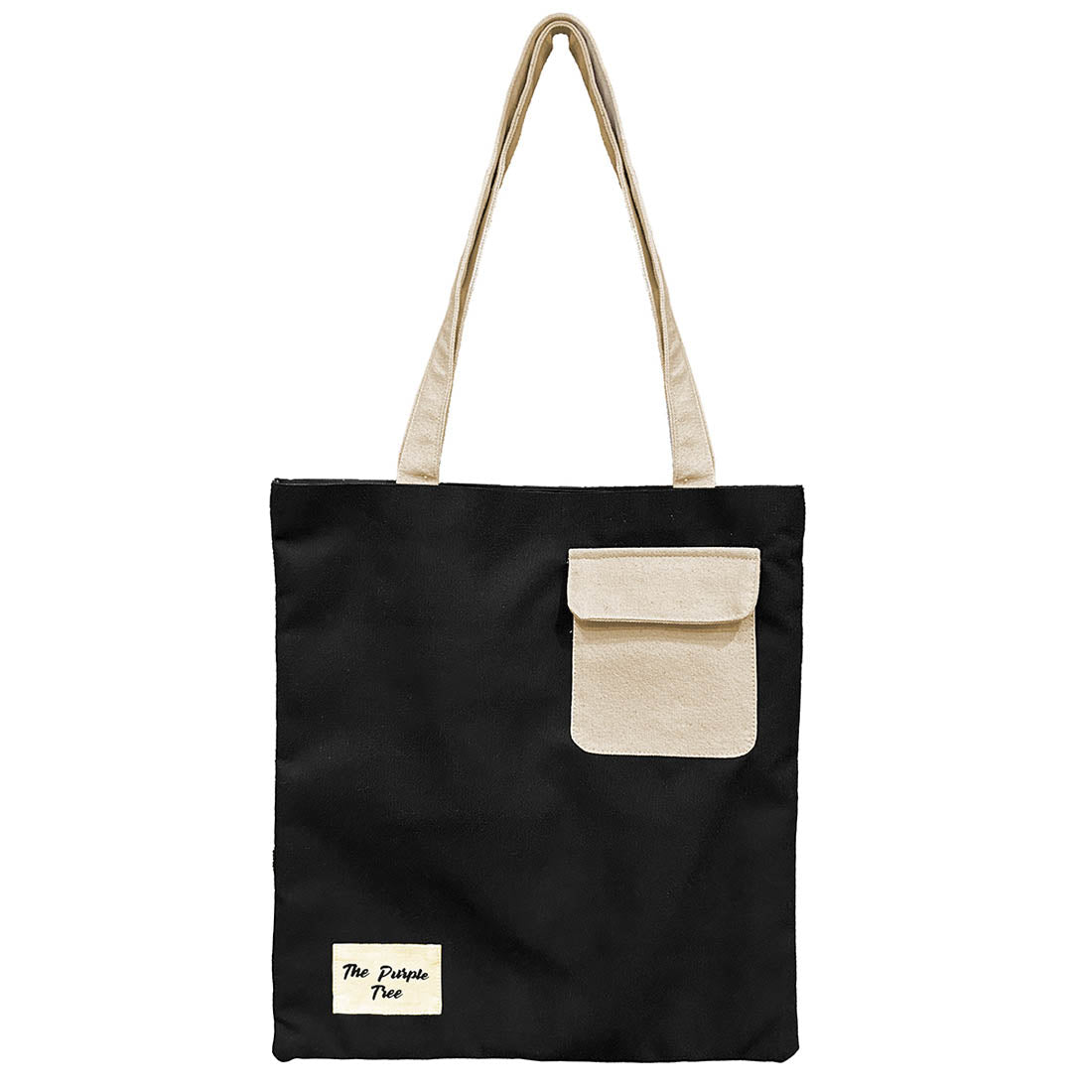 A chic black and white tote bag showcasing a contrasting white pocket, perfect for everyday use and fashion-forward style.