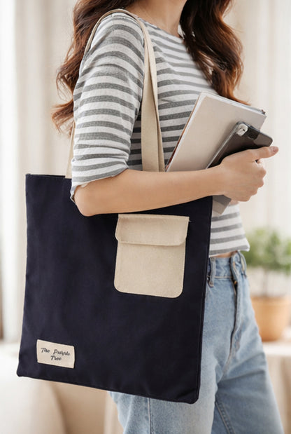 Aesthetic Black tote bag with a White pocket and very useful tote bag for everyday needs