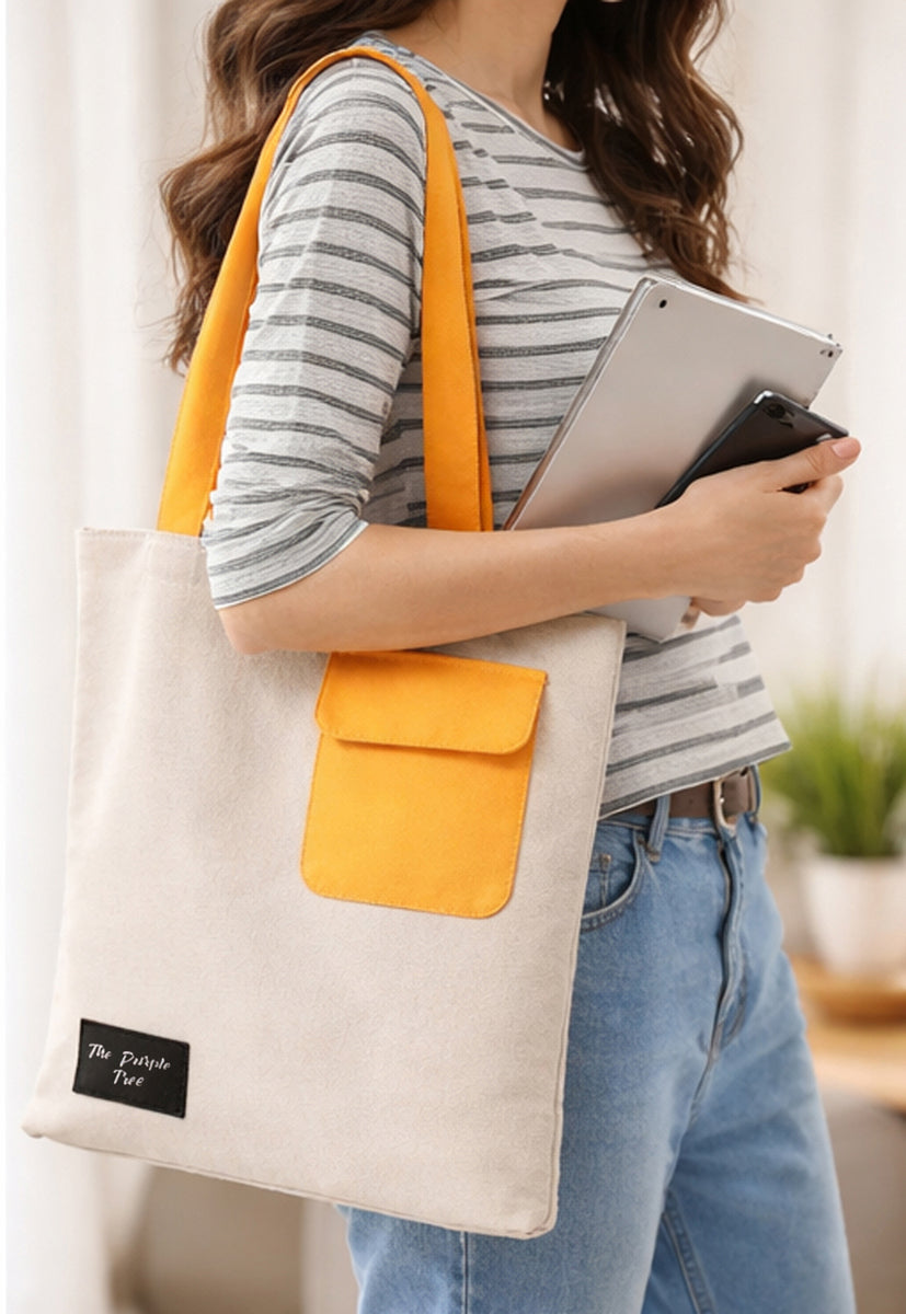 Aesthetic Beige tote bag with a yellow pocket and very useful tote bag for everyday needs