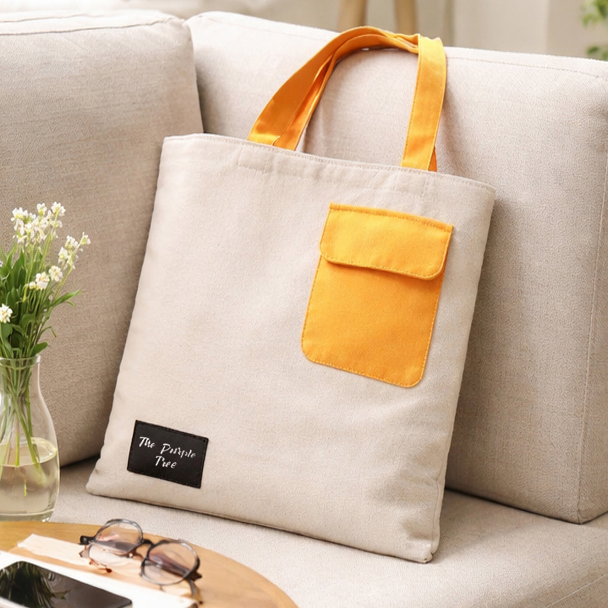 Off White Pocket Cotton Tote Bag