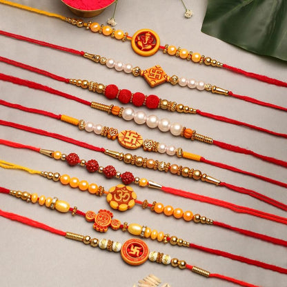 Collection of Ten rakhi strings with varying designs, perfect for Raksha Bandhan festivities.