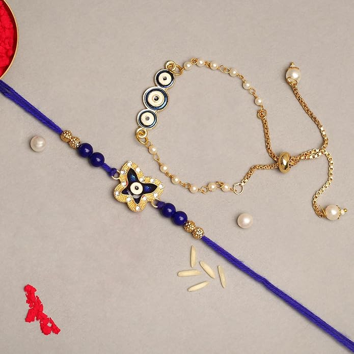 Pair of blue and gold rakhi bracelets featuring protective evil eye charms, ideal for Raksha Bandhan.