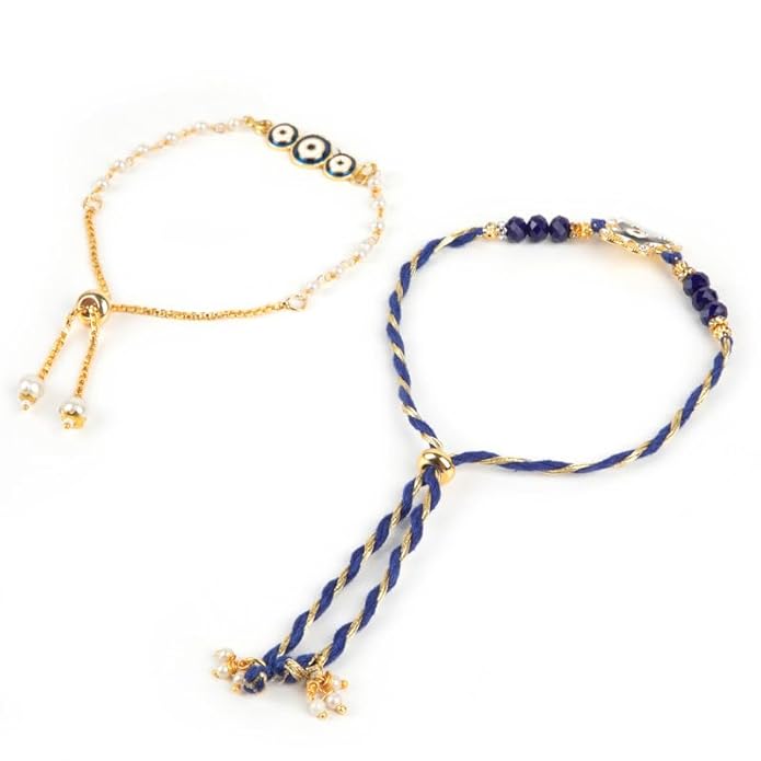 Blue and gold rakhi bracelets with evil eye charms, a traditional symbol of love and protection.