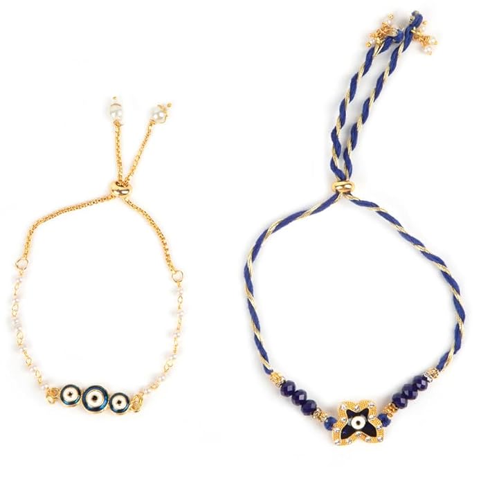 Blue and gold rakhi bracelets with evil eye charms, a traditional symbol of love and protection.