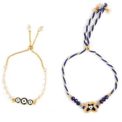 Blue and gold rakhi bracelets with evil eye charms, a traditional symbol of love and protection.