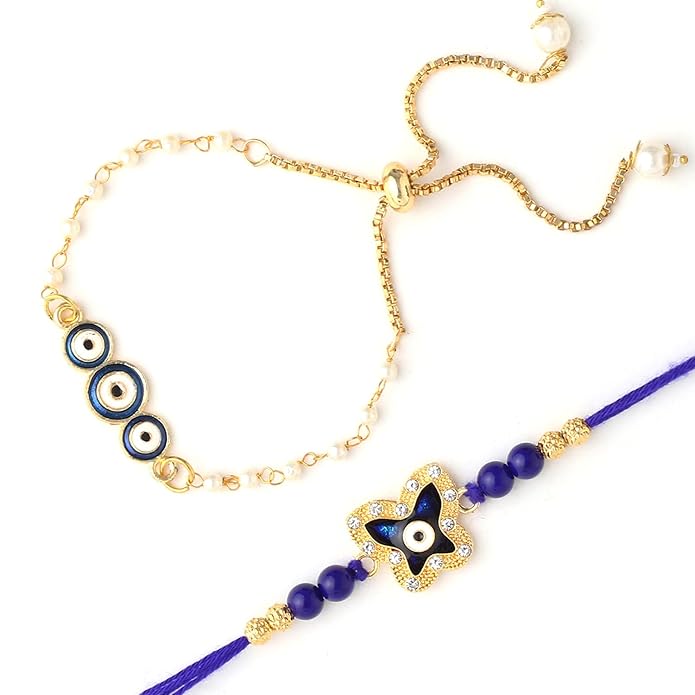 Rakhi bracelets in blue and gold colors adorned with evil eye charms, symbolizing protection.